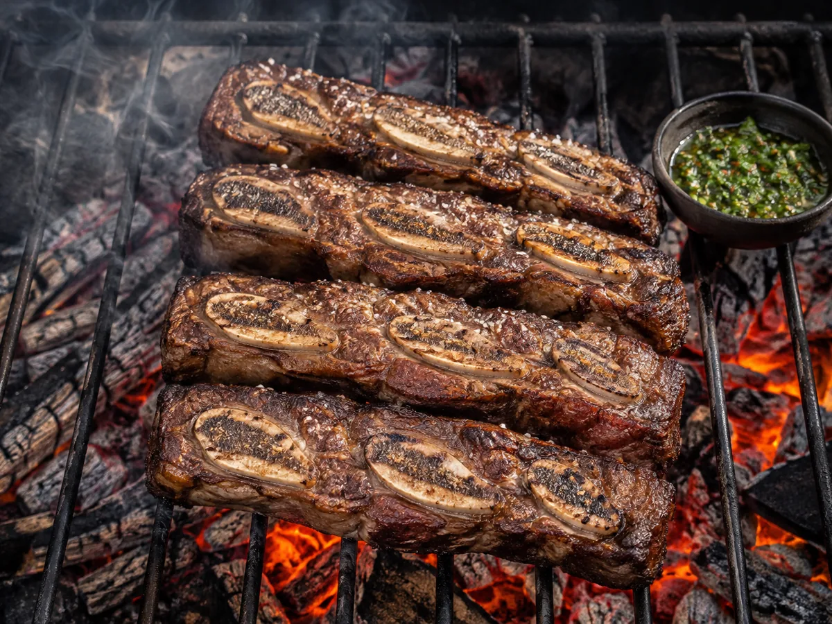Cross-cut beef short ribs with a mahogany crust and crisp fat border on an iron grill over glowing embers, with a jar of green chimichurri beside them.