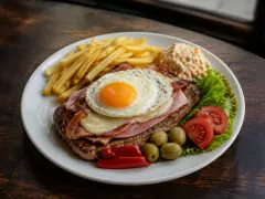 A chivito al plato: a stack of seared thin beef, ham, melted cheese and bacon topped with a fried egg, olives and red pepper strips, over a heap of chips.