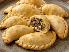 Golden baked empanadas with braided rope edges on a board, one broken open to show a filling of diced beef, onion, green olive and chopped egg.