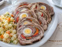 Cold slices of rolled matambre showing a spiral of beef around orange carrot, red pepper and whole eggs, fanned on a board beside a bowl of ensalada rusa.