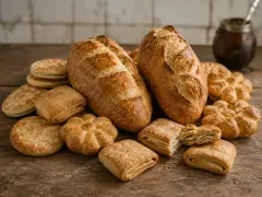 Golden blistered pan de grasa loaves with deep slashes beside a basket of flaky salted bizcochos, with a mate gourd and bombilla in the background.