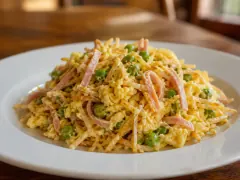 A plate of soft, glossy scrambled eggs bound around crisp golden shoestring potatoes with pink ribbons of ham and green peas, topped with more crisp potato and parsley.