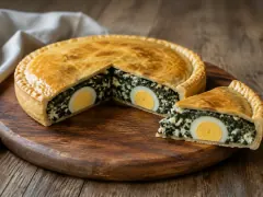 A golden round pascualina with a rope-crimped edge, one slice cut away to show a whole baked egg set in a dark green chard and white ricotta filling.