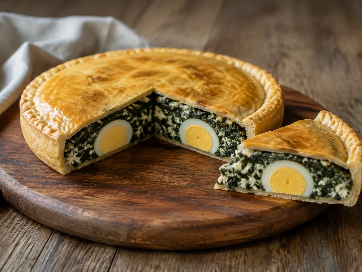 A golden round pascualina with a rope-crimped edge, one slice cut away to show a whole baked egg set in a dark green chard and white ricotta filling.