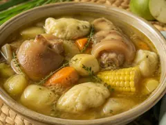 A bowl of golden soup with gelatinous cow heel, pale dumplings, a round of corn on the cob, carrot and root vegetables, with thyme on top.