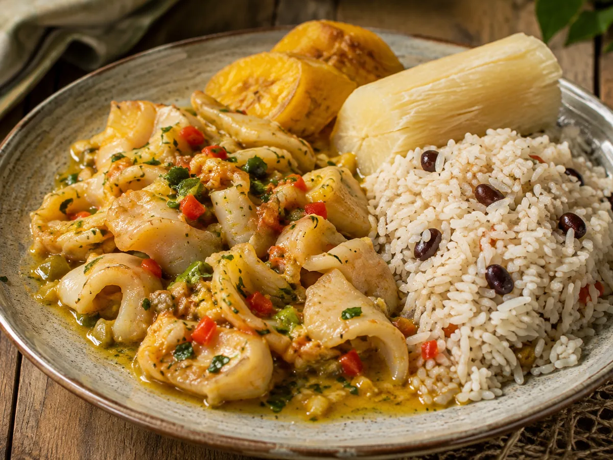 Tender pale conch pieces in a golden butter sauce with peppers and herbs, beside rice and peas, boiled cassava and a fried plantain.