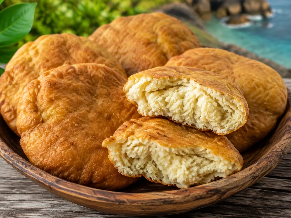 Puffed golden fried johnny cakes on a wooden board, one torn open to show a pale fluffy crumb, with the sea behind.