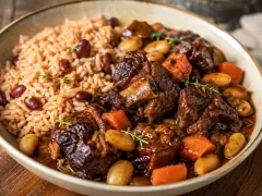 Dark glossy braised oxtail pieces with carrot coins and pale butter beans in mahogany gravy, beside rice and beans, with sprigs of thyme.