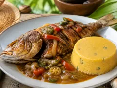 A whole poached snapper in red Creole sauce with strips of pepper and onion beside a smooth golden dome of okra fungi on a white plate.