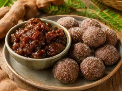 A bowl of dark glossy stewed tamarind beside sugar-rolled tamarind balls on a plate, with tamarind pods behind.