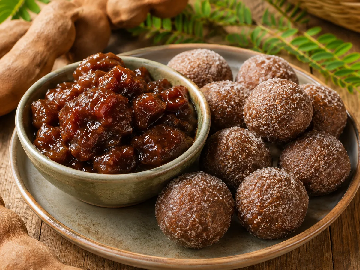 A bowl of dark glossy stewed tamarind beside sugar-rolled tamarind balls on a plate, with tamarind pods behind.
