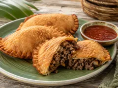 Golden fried half-moon pastries with crimped edges on a green plate, one broken open to show spiced ground beef, with a dish of red pepper sauce.