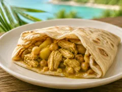 A folded roti flatbread opened to show yellow curried chicken pieces, chickpeas and potato inside, on a white plate with a beach behind.