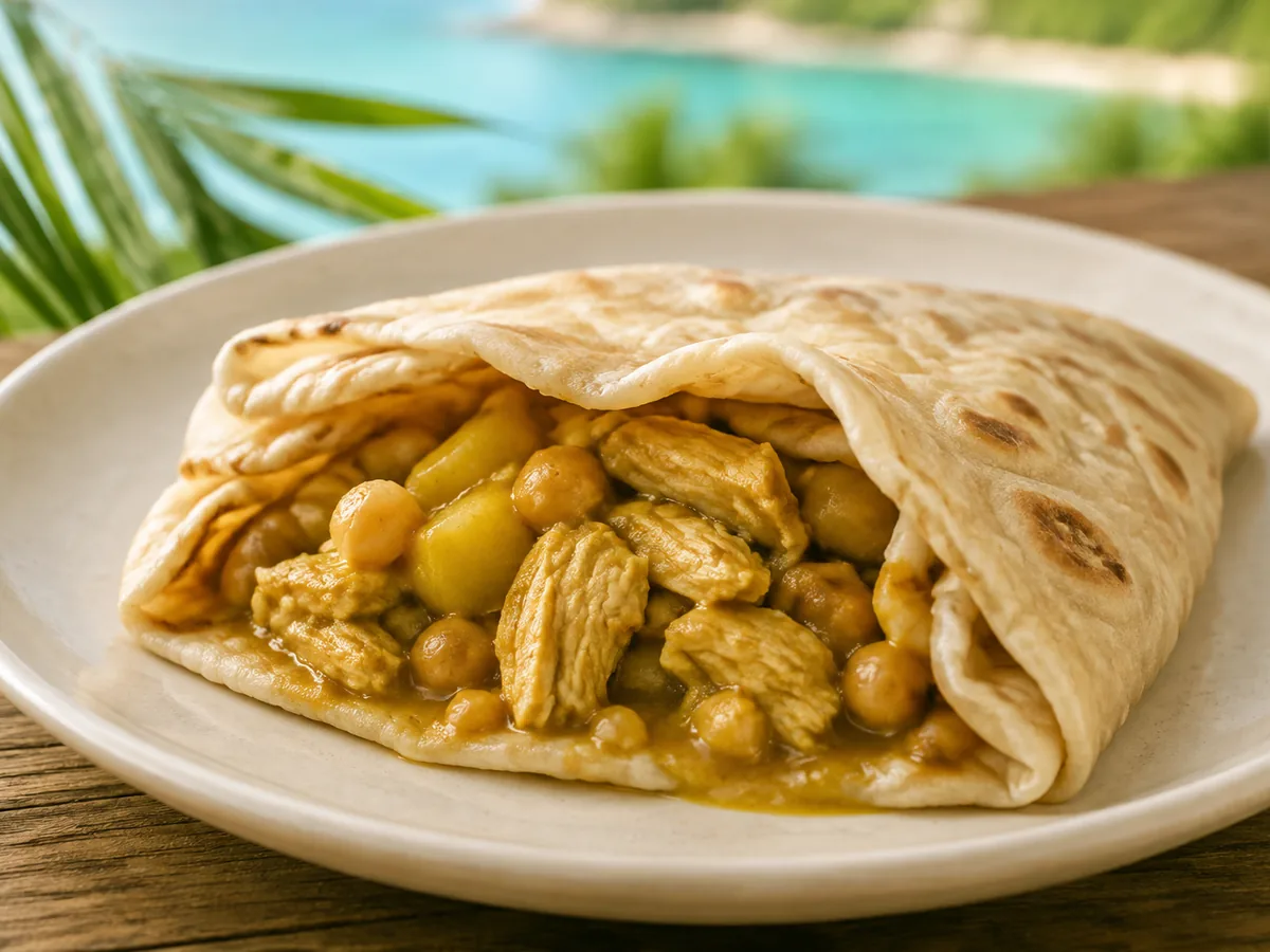 A folded roti flatbread opened to show yellow curried chicken pieces, chickpeas and potato inside, on a white plate with a beach behind.