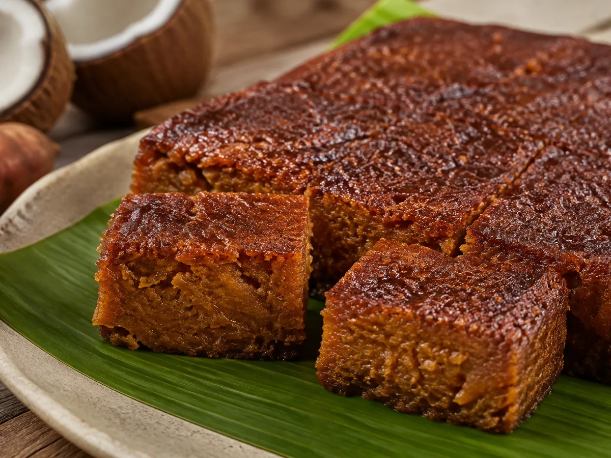 Dark mahogany squares of dense sweet potato pudding on a green leaf, with a coconut half behind.