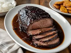 A dark, almost black glazed beef roast on a white oval platter, part-carved into thick rosy-brown slices lying in a pool of glossy mahogany sauce, with a bowl of white rice and a plate of fried plantains behind.