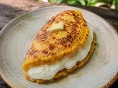 A golden corn pancake folded over a thick layer of soft white cheese oozing from the fold, topped with a melting pat of butter, on a speckled ceramic plate with green foliage behind.