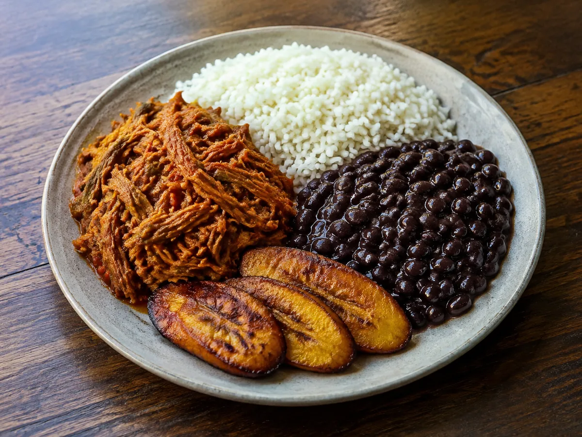 A wide stoneware plate divided between a nest of reddish shredded beef, a mound of white rice, a heap of glossy black beans and three overlapping caramelised plantain slices, on a dark wooden table.