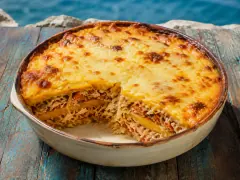 A round cream ceramic baking dish of layered casserole with a blistered golden-brown cheese top, one wedge lifted out to show alternating bands of pale flaked fish, red-flecked sauce and yellow plantain, on weathered blue planks by the sea.