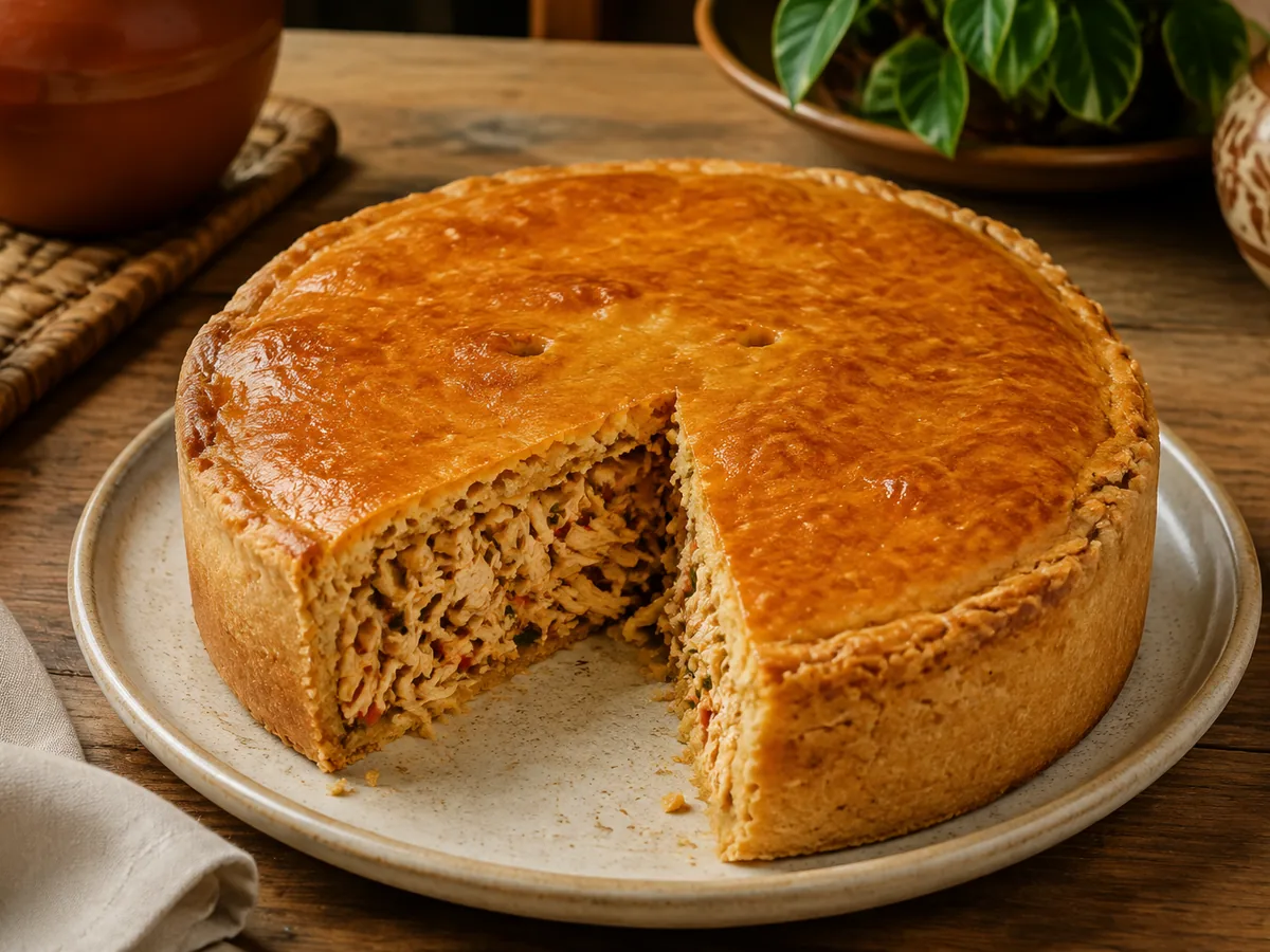 A round deep-dish pie with a glossy golden-amber crust on a pale plate, one wedge removed to reveal a dense filling of finely shredded chicken flecked with red, on a wooden table beside a clay pot.