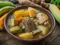 A brown clay bowl of clear golden broth holding a beef rib on the bone, a chicken thigh, a round of corn on the cob, a wedge of orange squash and chunks of pale root vegetables, with green plantains and corn on the table behind.