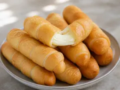 A pile of golden fried pastry batons with visible spiral seams heaped on a pale ceramic plate, the one on top broken open to show a thick strand of white cheese stretching from the break.